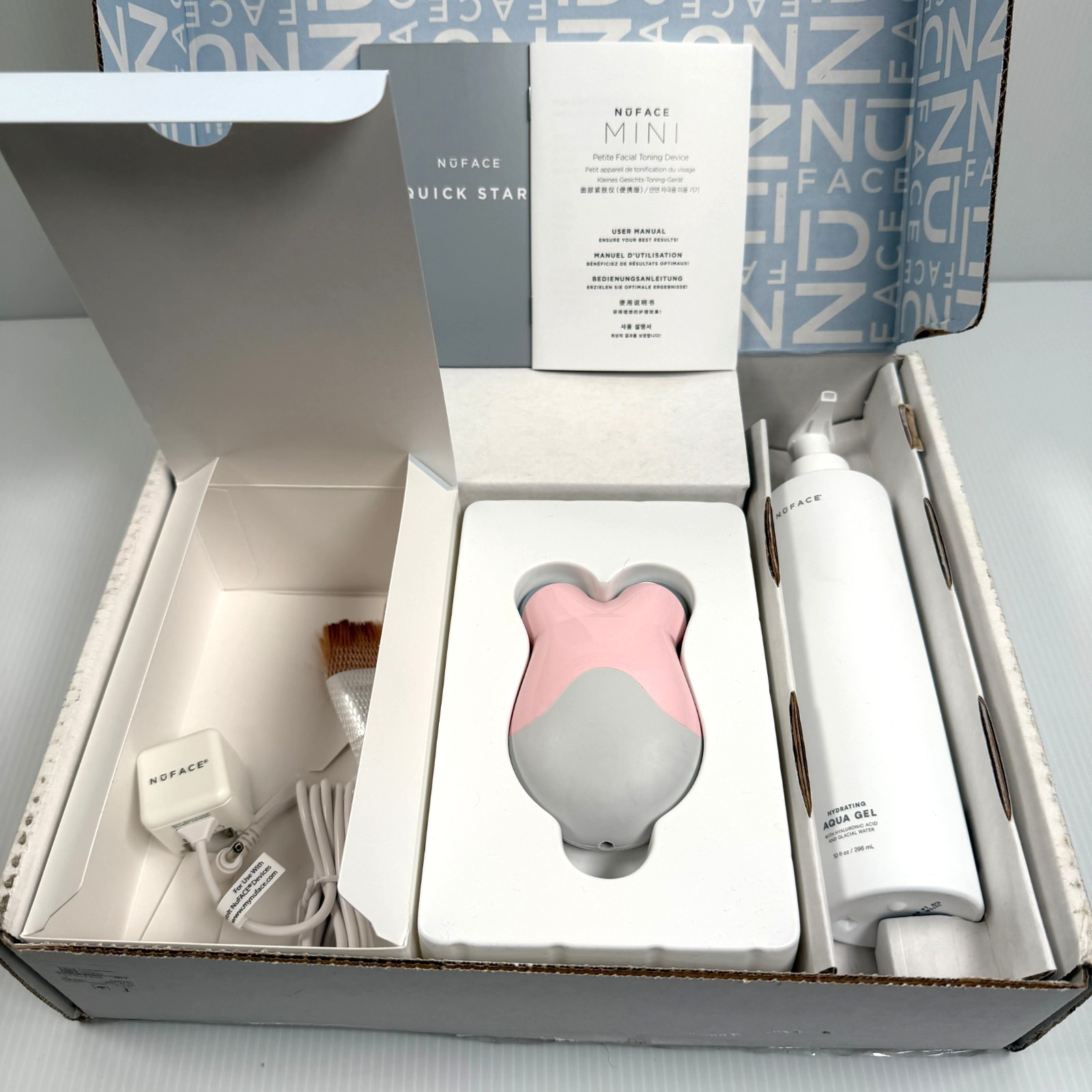 Nuface Petite Mini Facial Toning Device Pink + 10oz Aqua Gel +Brush NEW OPEN BOX