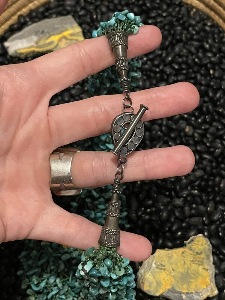Sterling Silver Layered Multi strand Turquoise Chips Necklace Large Cones Toggle