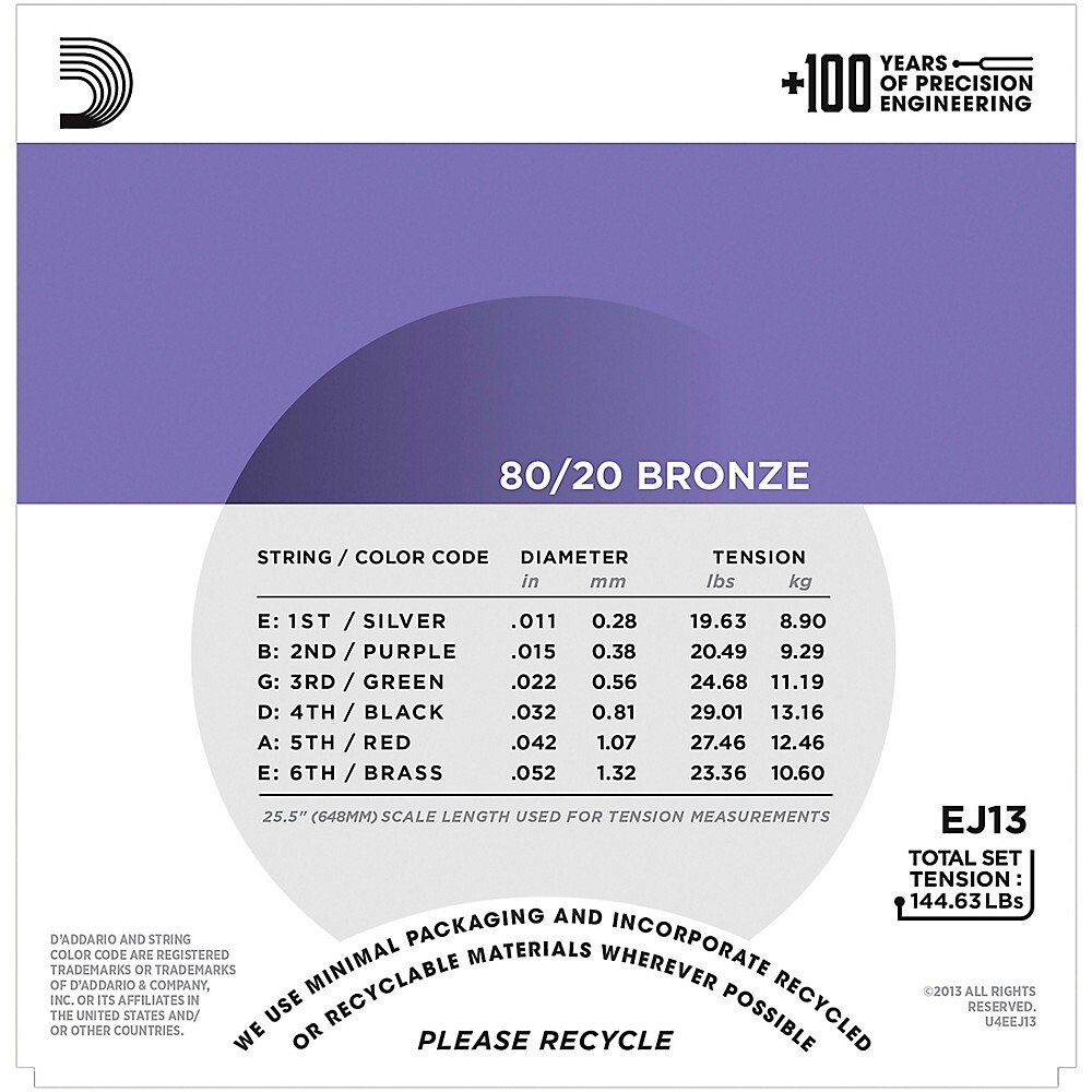 D'Addario EJ13 80/20 Bronze Custom Light Acoustic Guitar Strings - 6 Pack