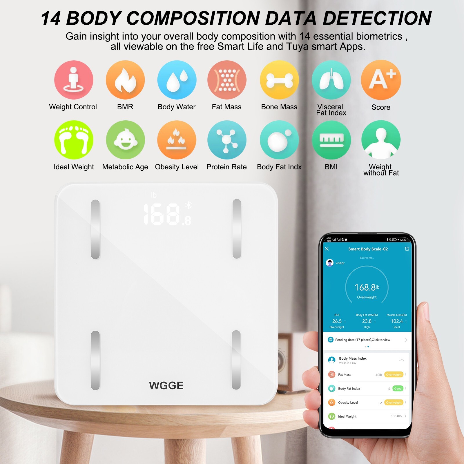 WGGE Bluetooth Body Fat Scale, Smart Digital Bathroom Weight Scale Max:400lb