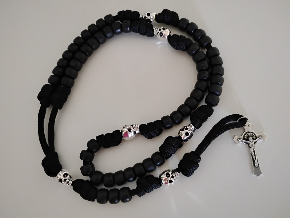 Silver Skull & Black Matte Rosary Beads Paracord St Benedict Medal Crucifix