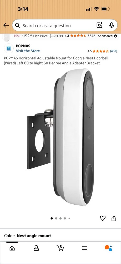 Google Nest Doorbell Wired Adjustable Mount & Angle Adapter Bracket, Black/White