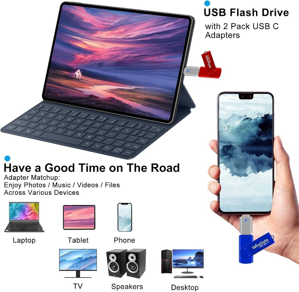 Stylish 5 Pack 64GB USB Flash Drives & USB C Adapters - High-Speed Data Transfer