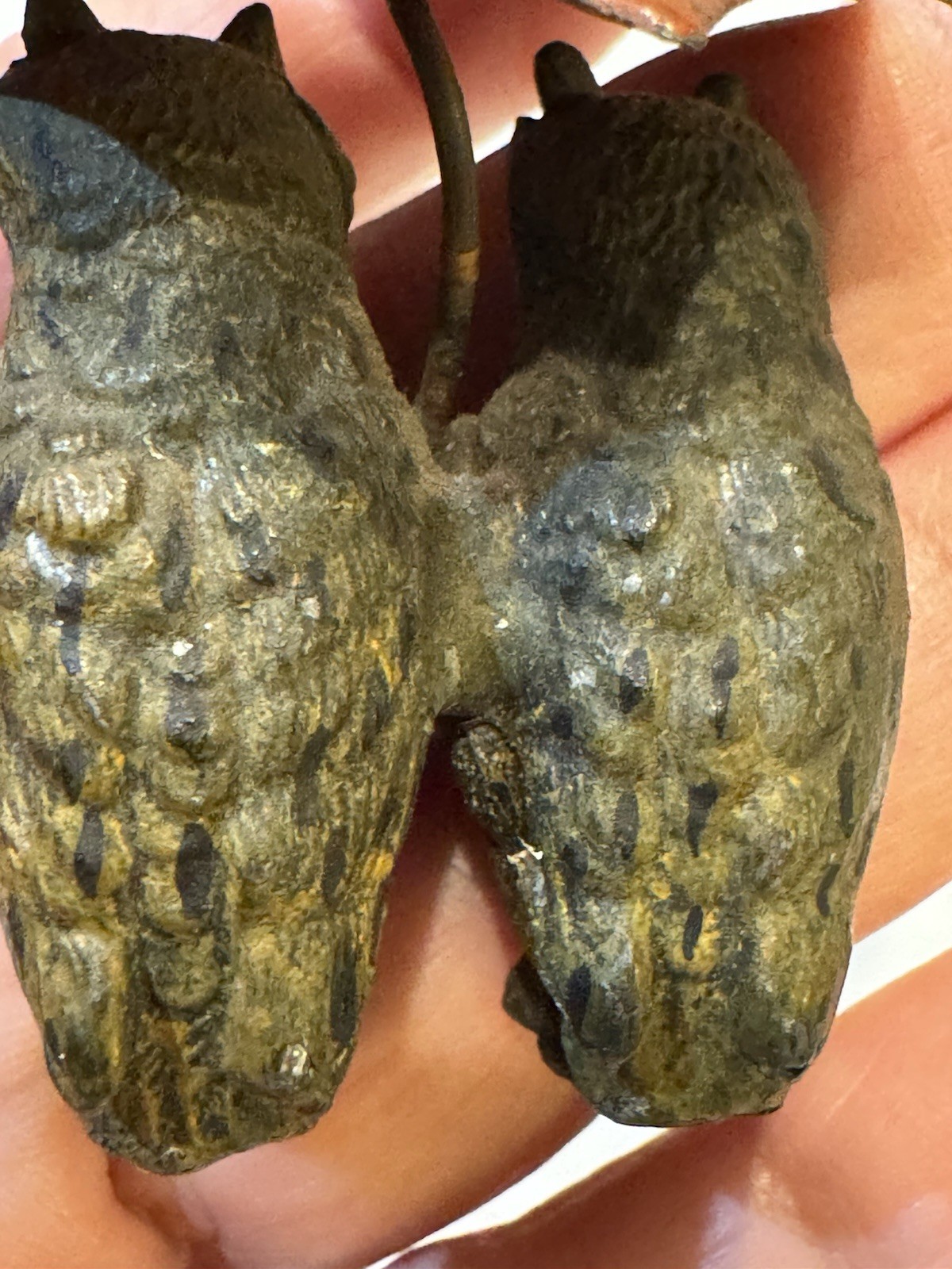 Antique Austrian Bronze Pair of Owls with Red Umbrella- Hand Painted 2in