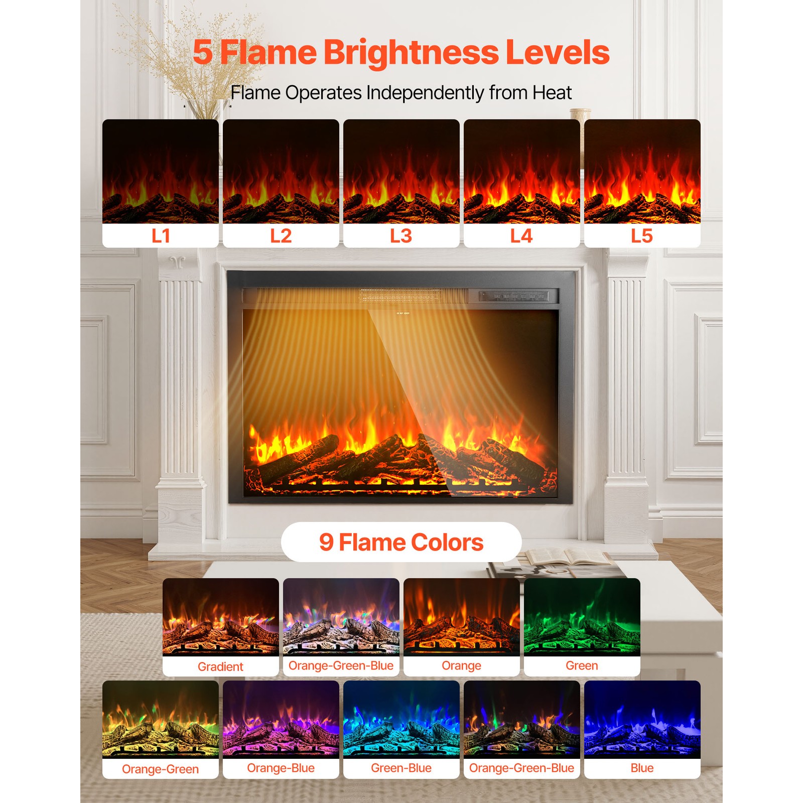 Uimoso 40in Electric Fireplace Insert with Wall Mount & Adjustable Heater