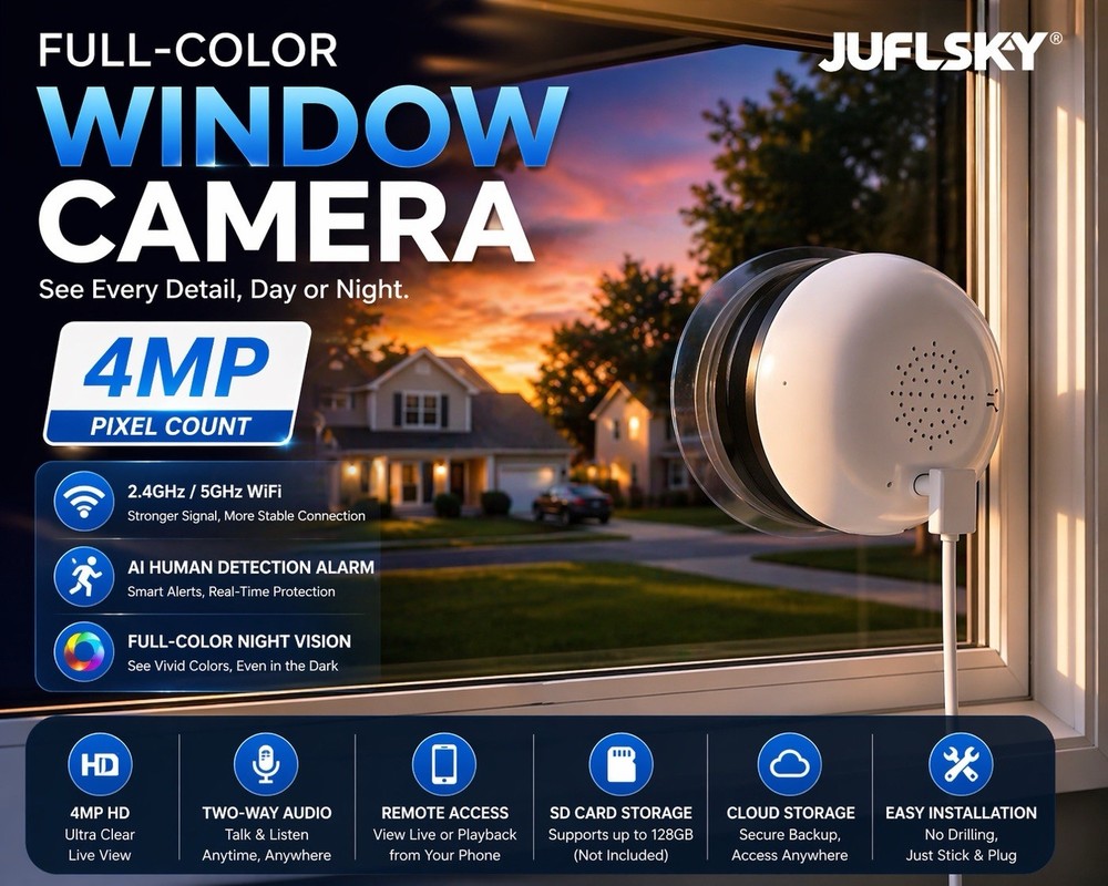 4mp HD Smart Window Camera WiFi Indoor Security Cam, Motion Detection