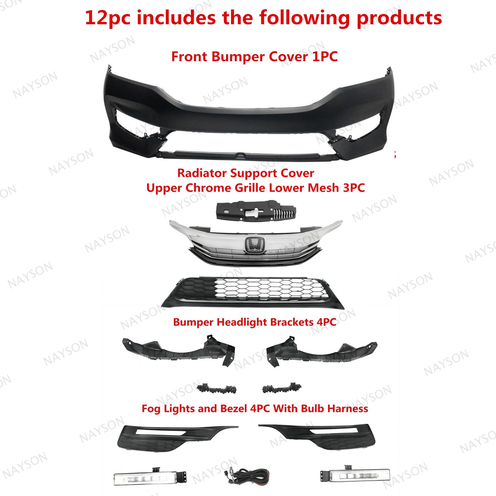 For Accord 2016-17 Front Bumper Cover/Upper Lower Grilles/LED Fog Lamps/Retainer