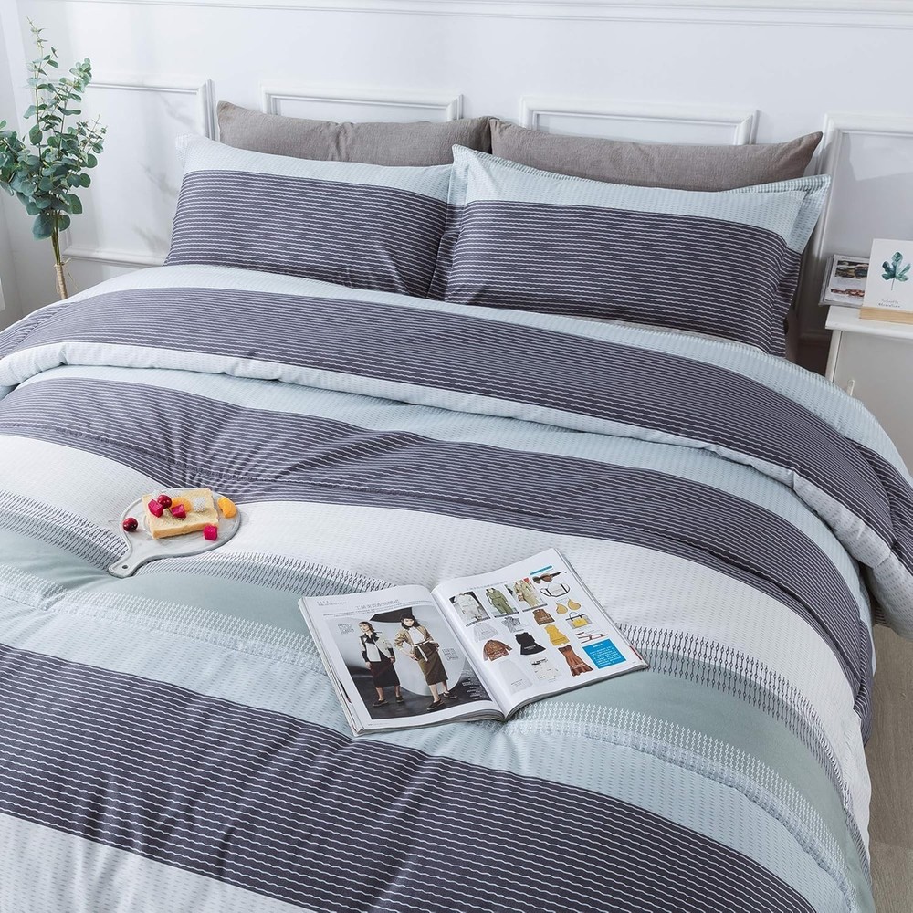 Full Size Comforter Set,3 Pieces Black White Gray Patchwork Striped