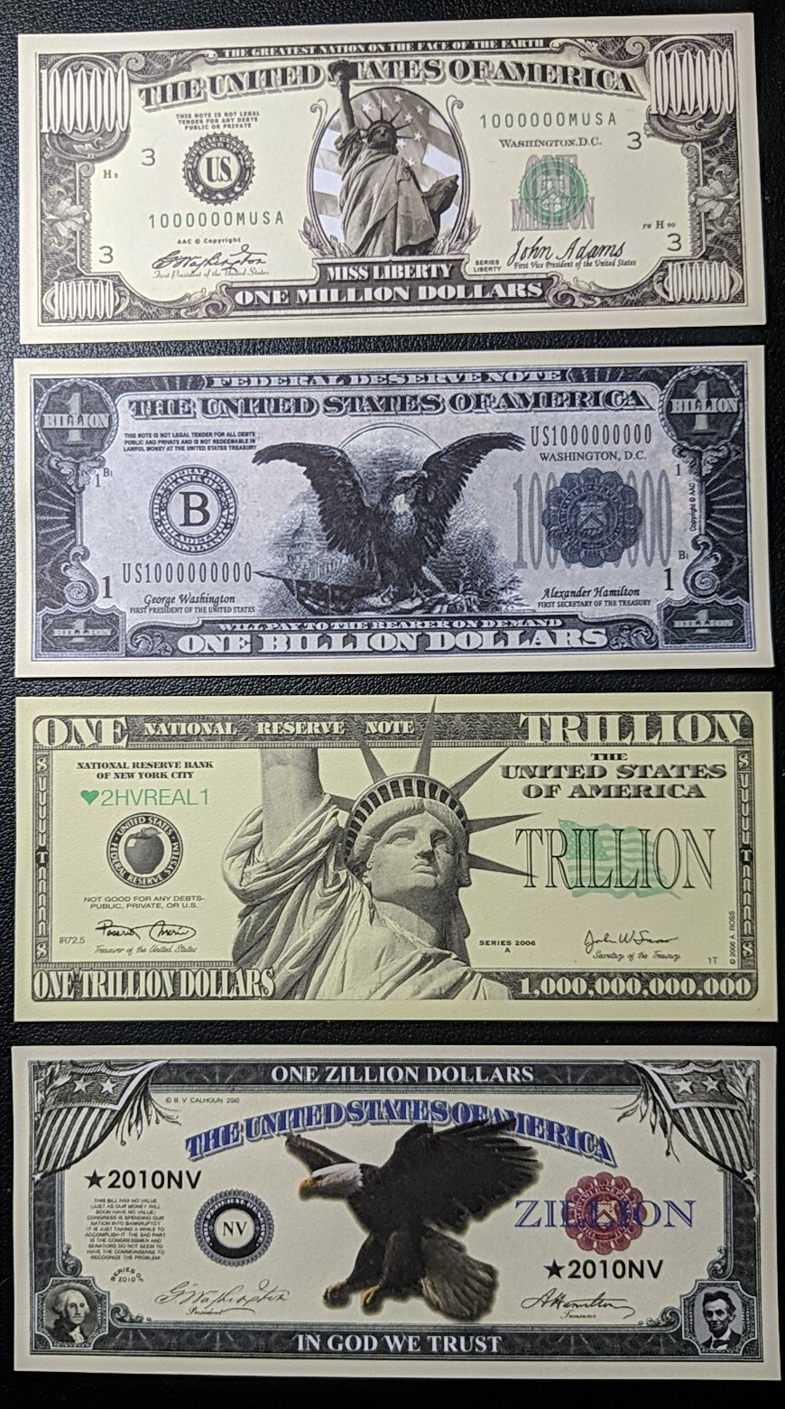 SET OF $1 Million, 1 Billion, 1 Trillion & 1 Zillion $ BILLS. Looks & feels real