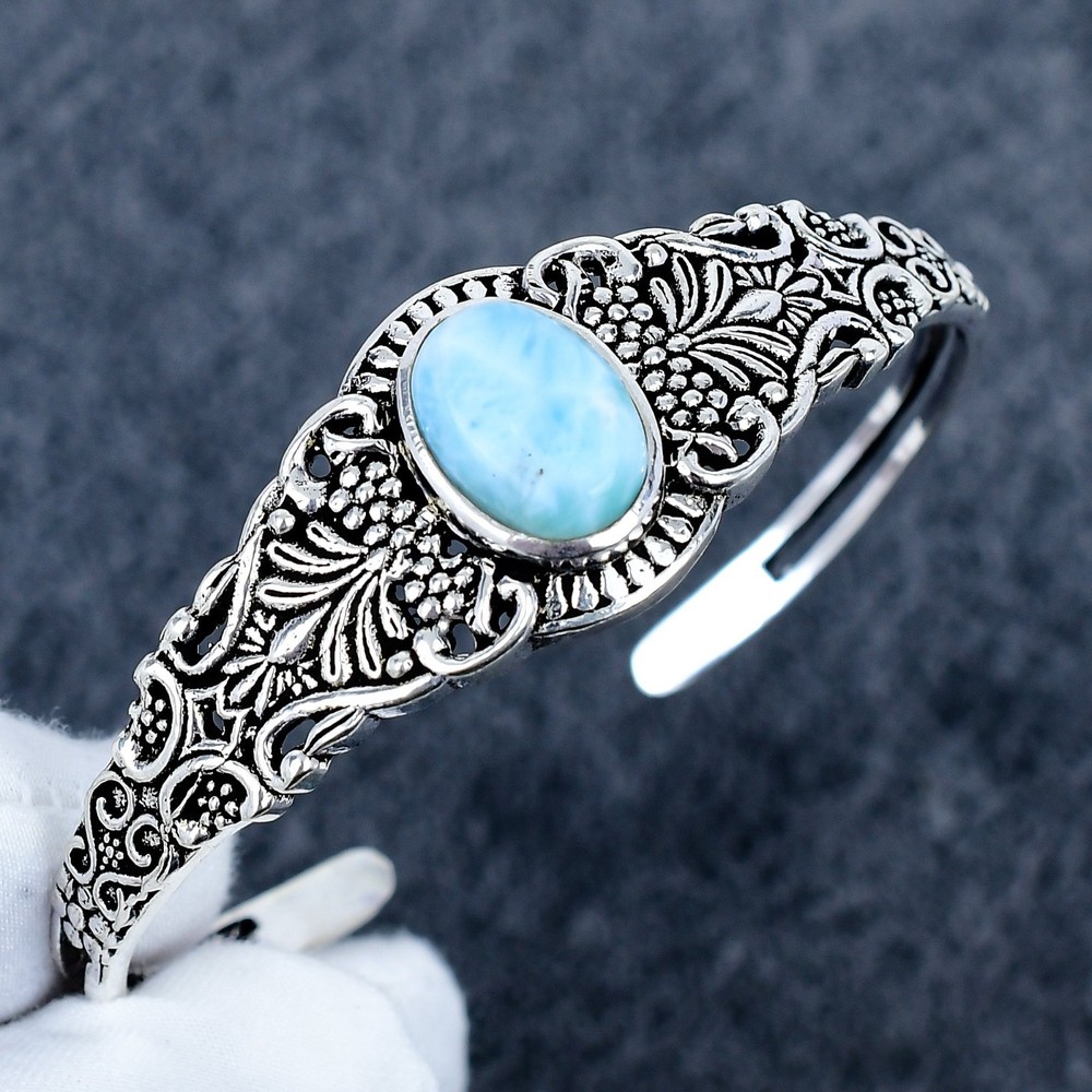 Natural Larimar Gemstone Bangle 925 Sterling Silver Bangle Cuff, Gifts