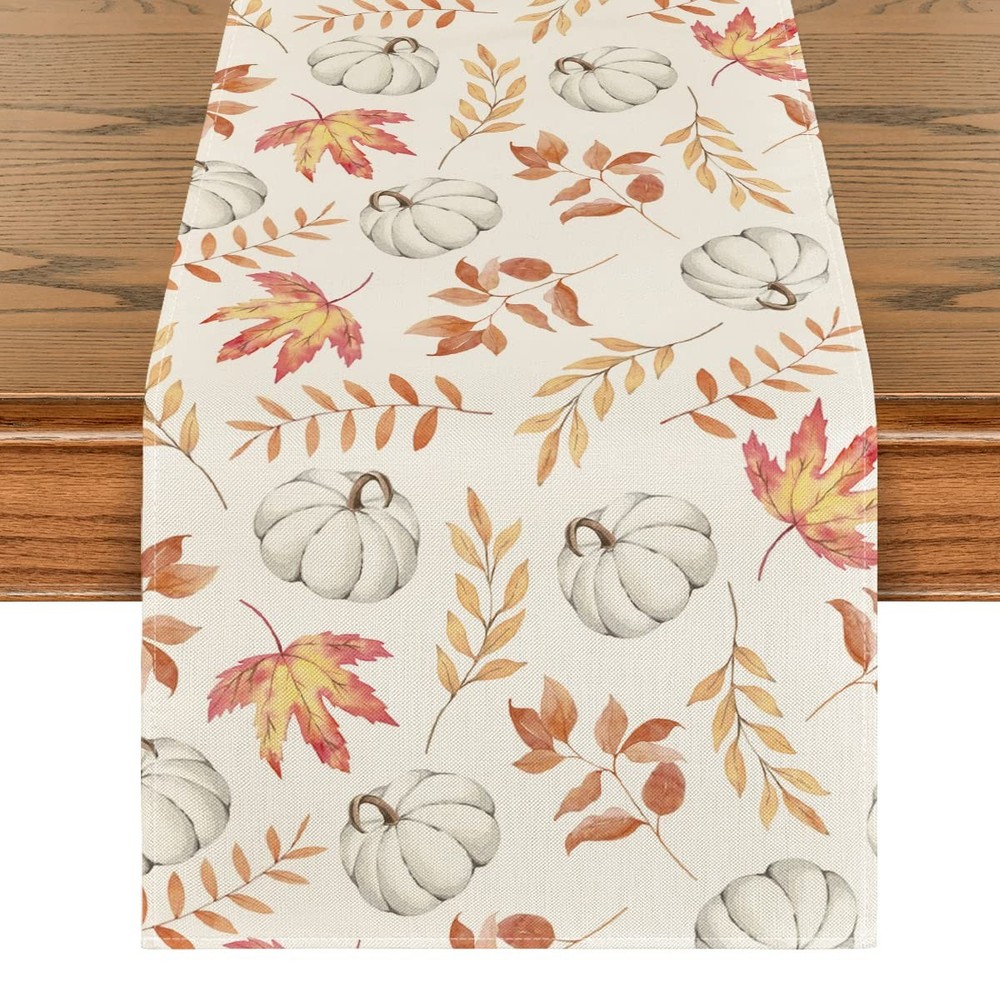 Maple Leaves Table Runner, Fall Home Decor, Orange Pumpkins, 13x72 Inch