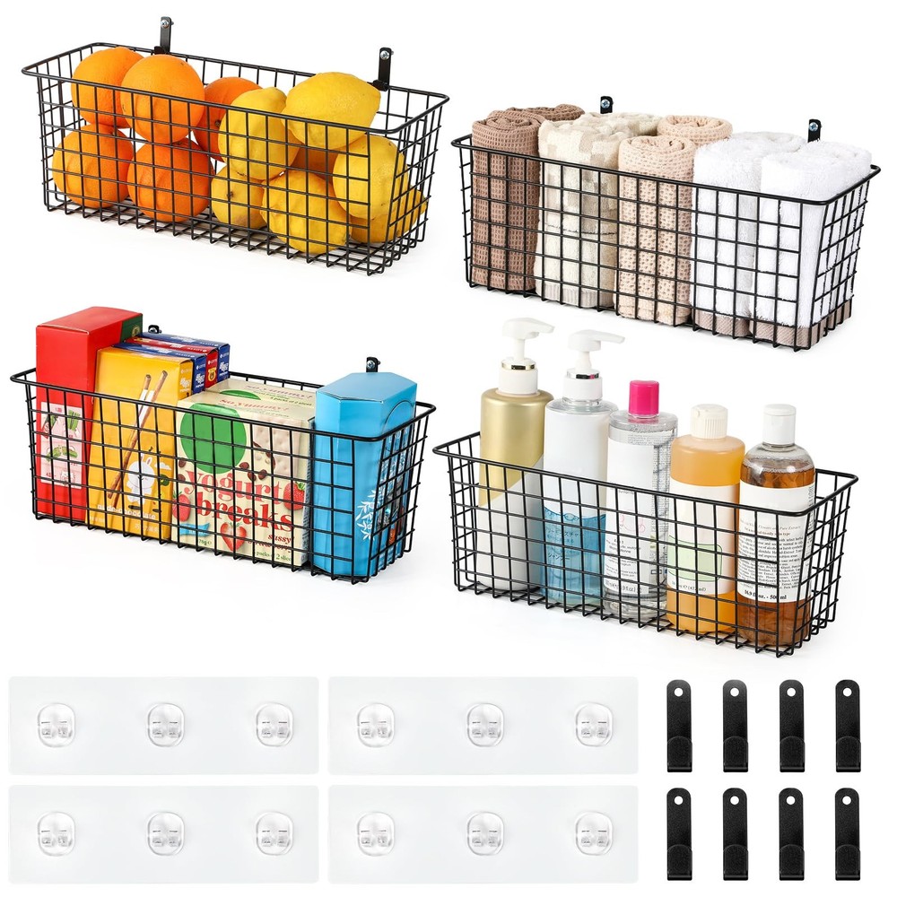 4 Set [EXTRA LARGE] Hanging Wall Mount Storage Baskets Extra Large, Black