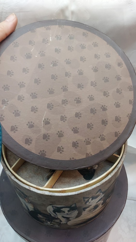 Stacking Storage Containers For Sewing Stuff Cat Print On Them. Good Condition