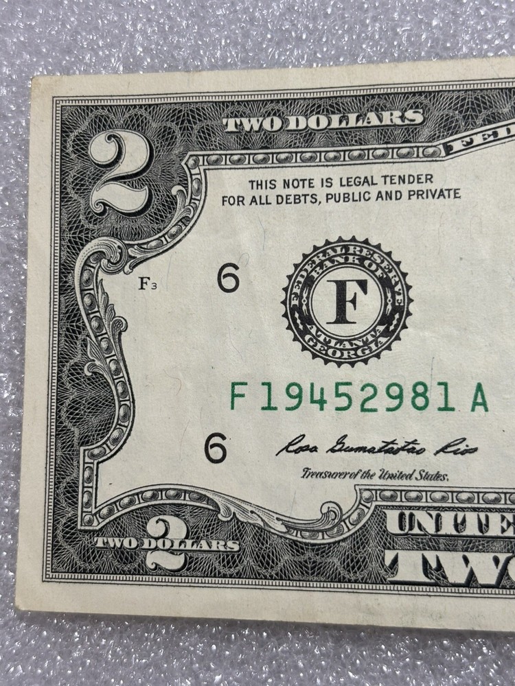 2013 $2 Error Note Off Centered, Miscut W/Ink Bleeds Excellent Condition