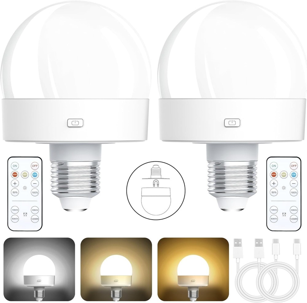 1/2PCS E26 Rechargeable Light Bulbs with Remote Control Timer and 3 Color Tem...