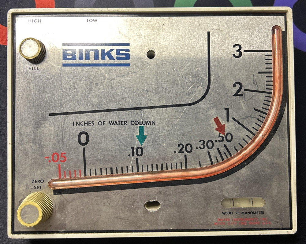 Binks Dwyer Instruments Mark II 25 Molded Plastic Manometer, Range 0-3" W.C.