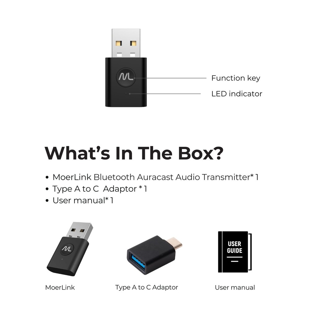 MoerLink Bluetooth 5.3 Auracast Audio Transmitter – USB Plug-and-Play Adapter...