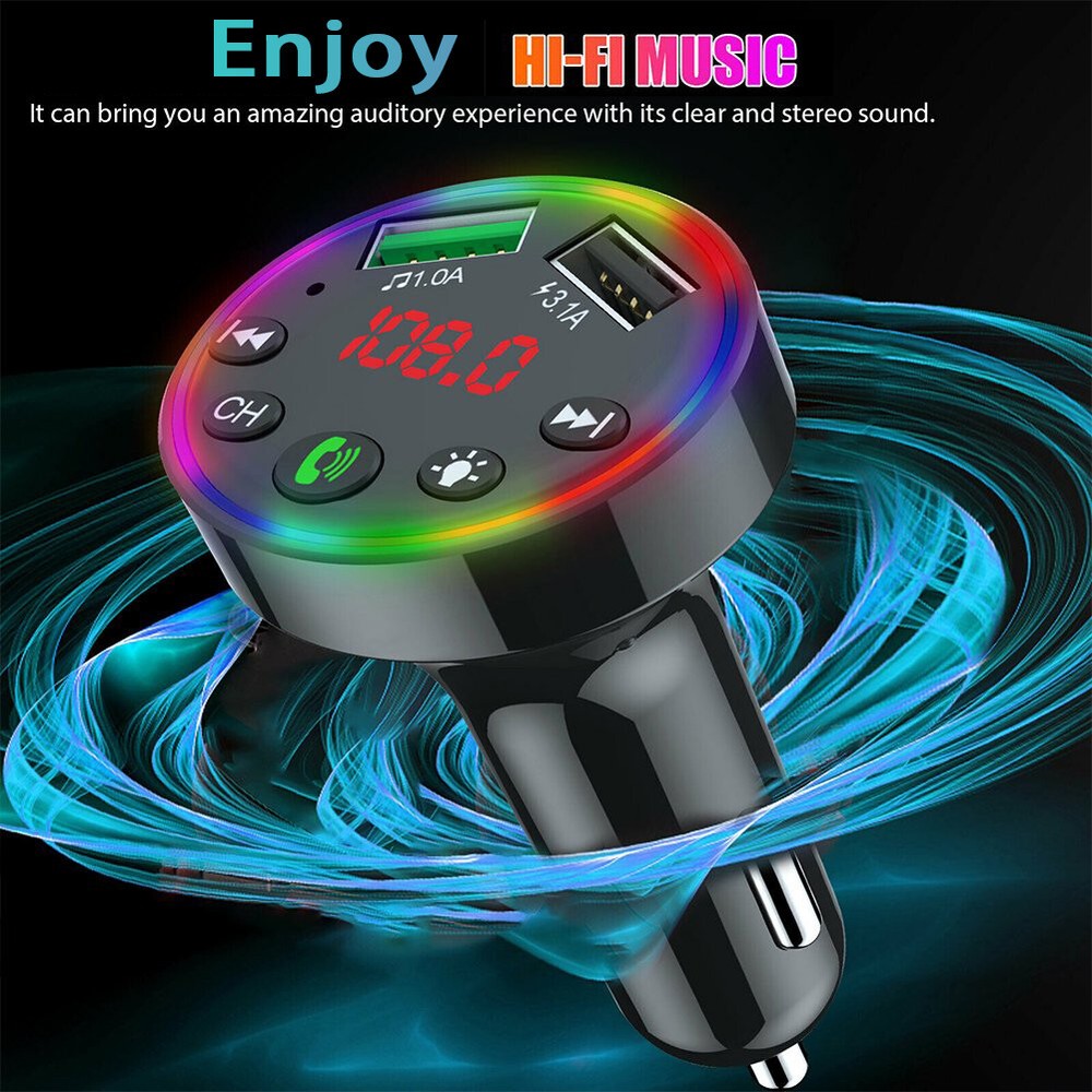 Bluetooth Car FM Transmitter Wireless Adapter Dual USB Charger Colorful Lights