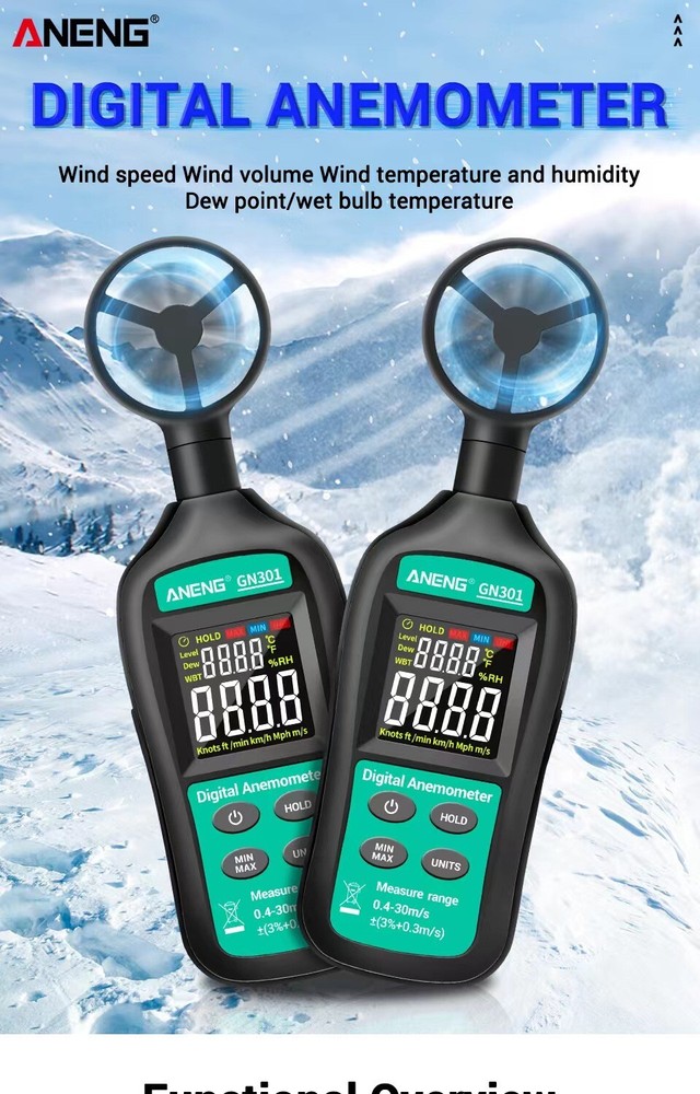 ANENG GN301 Digital Anemometer Wind Speed Meter Temperature LCD Backlight AU