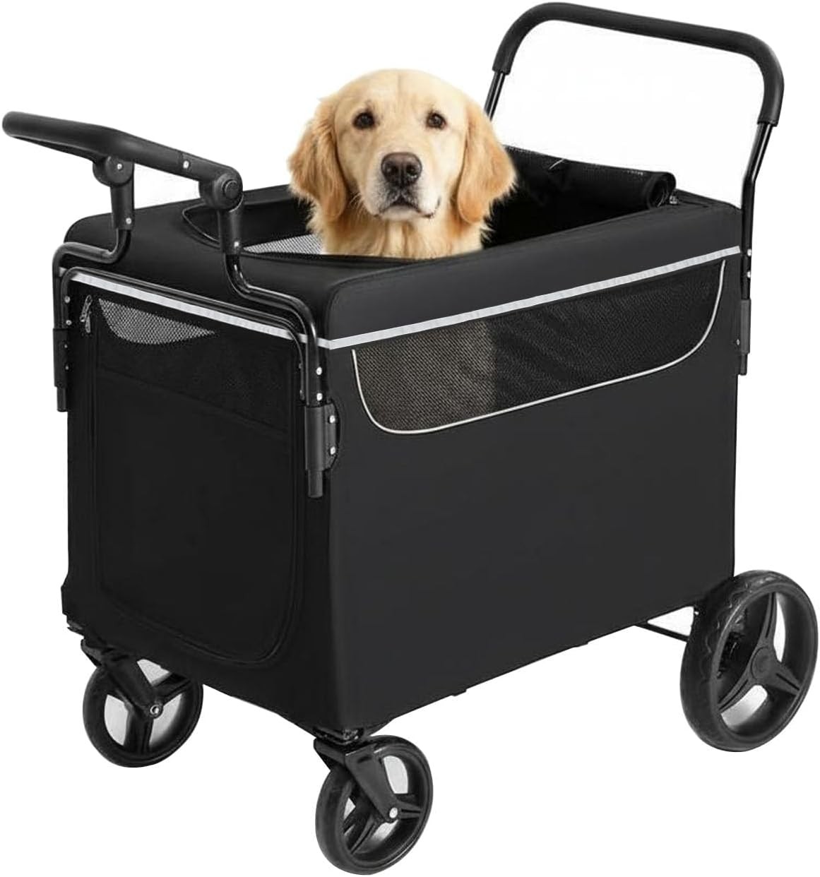 Dog Stroller Wagon Push-Pull Pet Wagon Cart with Ramp Foldable One-Step Brake