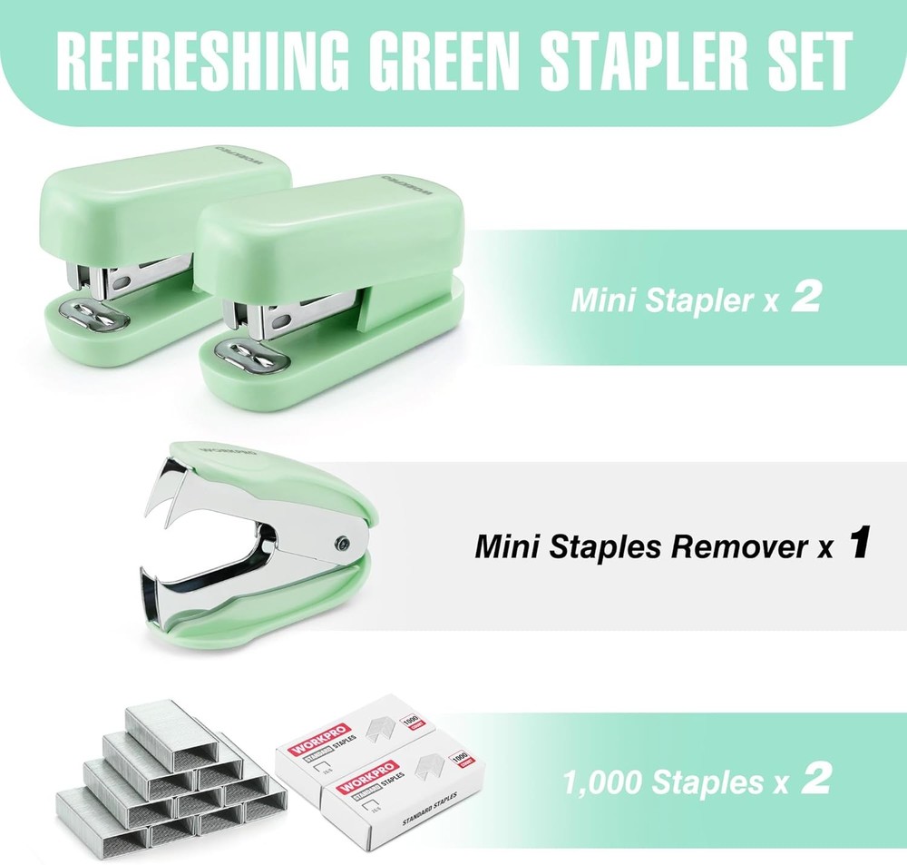 WORKPRO Small Stapler with Staples Green Stapler Set Includes Two Mini Stapler