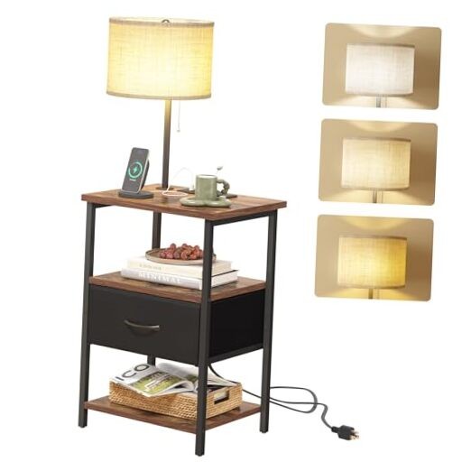Nightstand with Lights Bedside Table with 3 Rustic Brown & Black 1-drawer