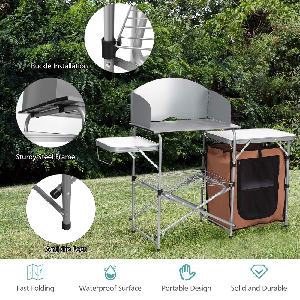 Folding Camping Kitchen Table, Aluminum Portable Camping Grill Table with Win...