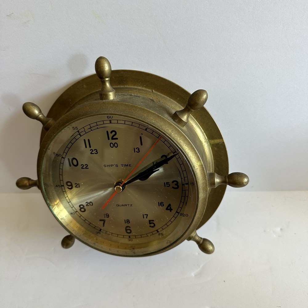 Vintage Ship's Clock Wheel Solid Brass Heavy 9” Needs New Clock Mechanism