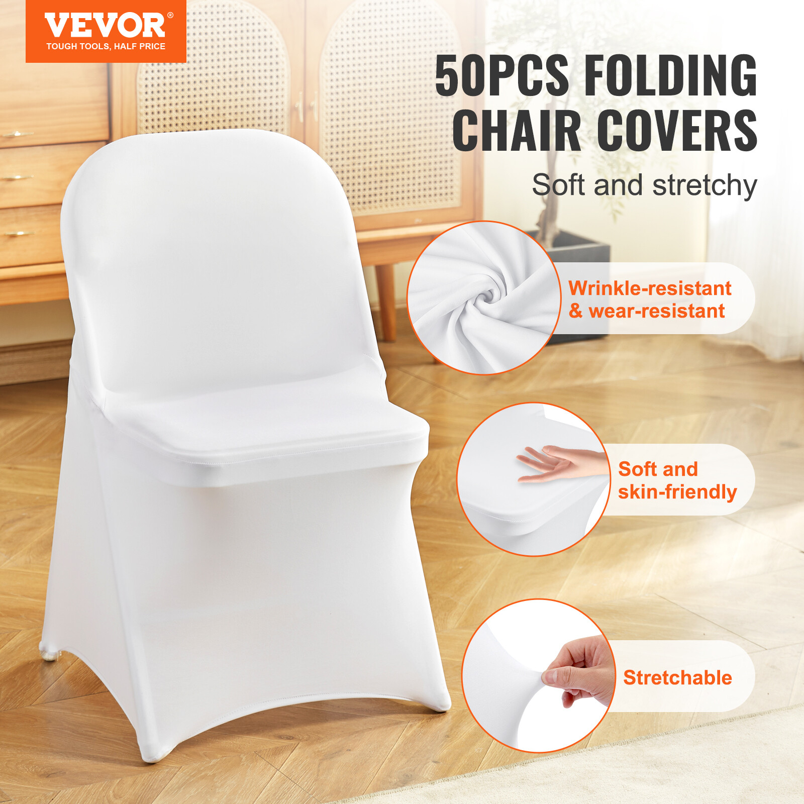 VEVOR 50PCS White Stretch Spandex Folding Chair Covers for Wedding Party Dining