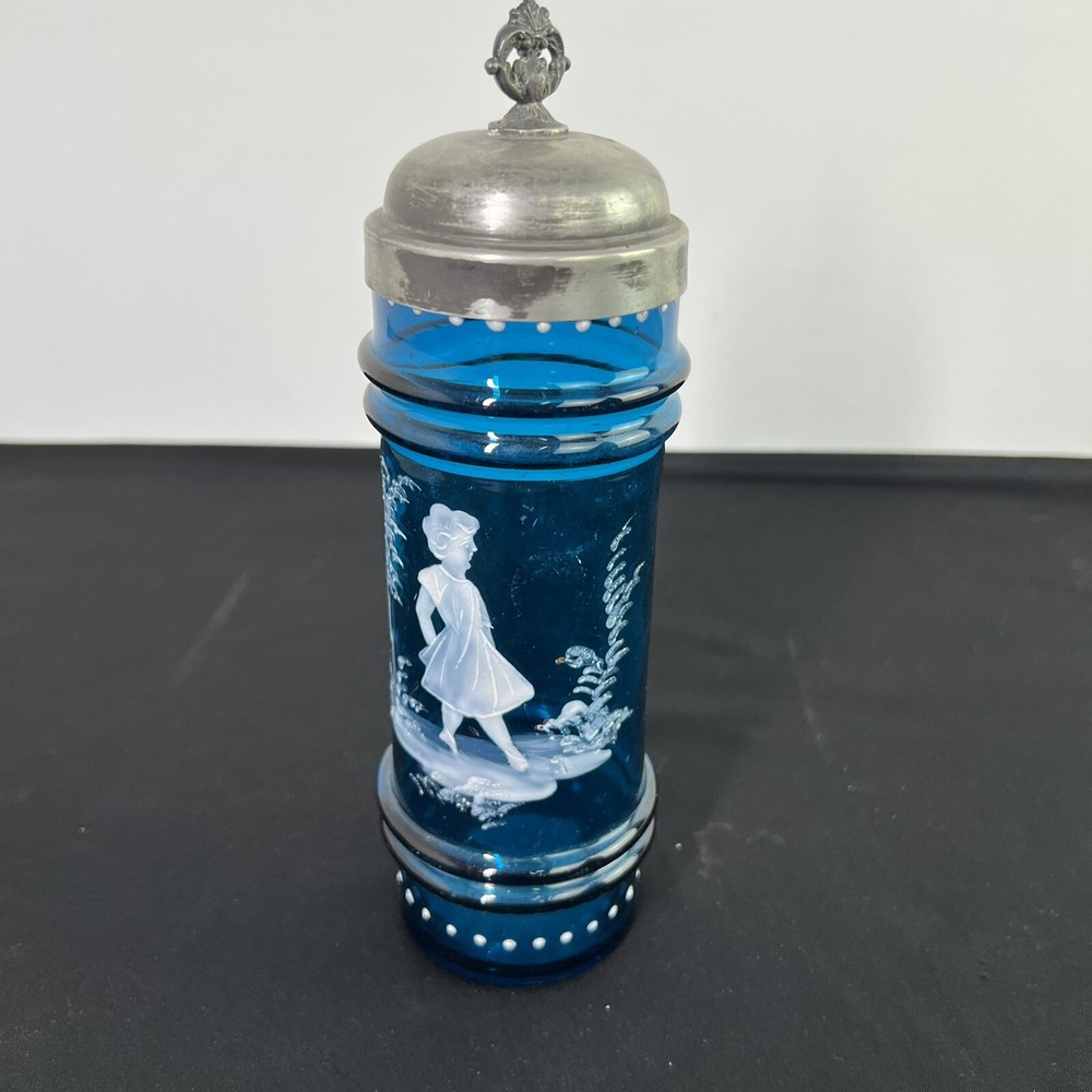 VINTAGE BLUE GLASS PICKLE JAR HAND PAINTED SILVER PLATE LID