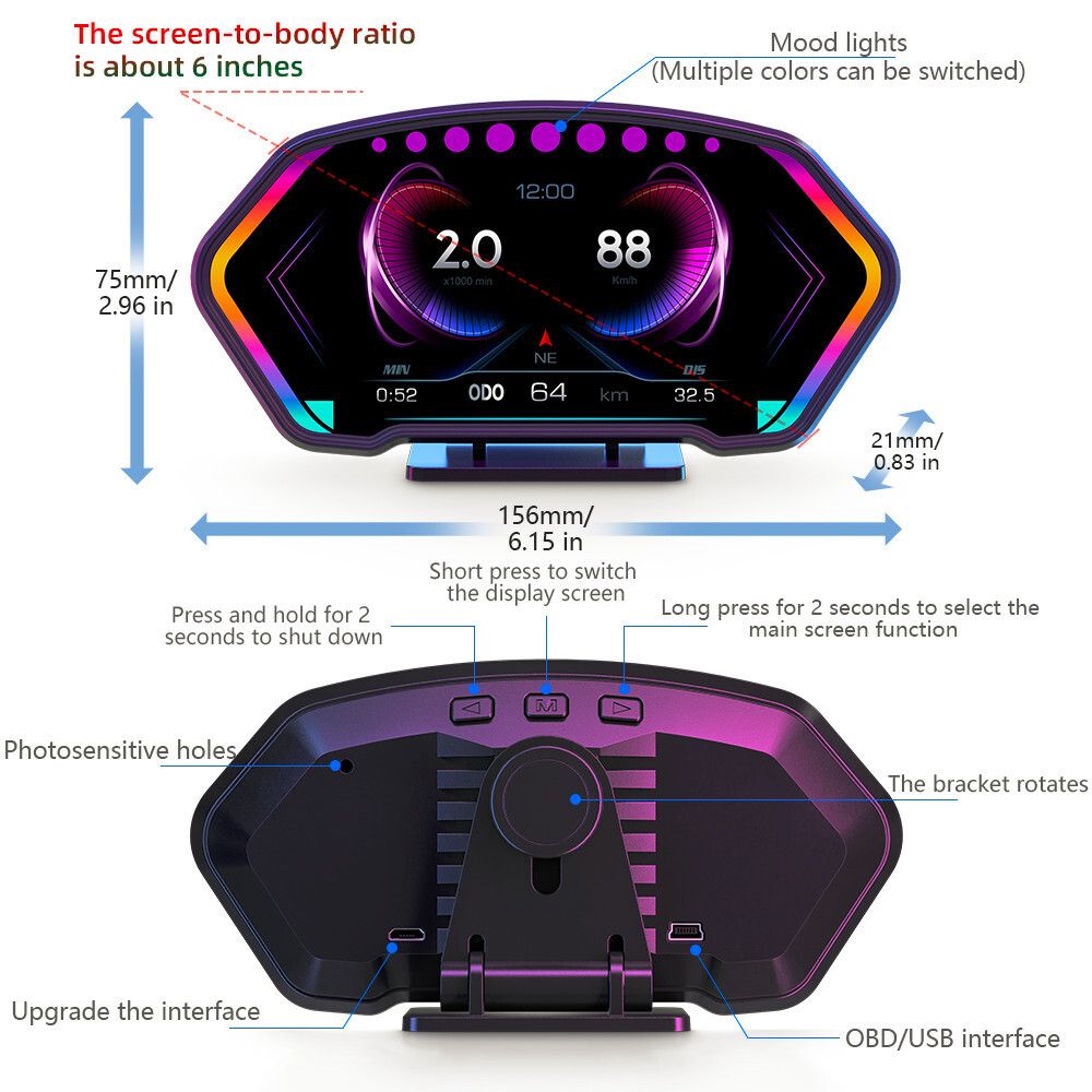 Car OBD Digital Gauge GPS Head Up Display Dashboard Speedometer Multi-Function