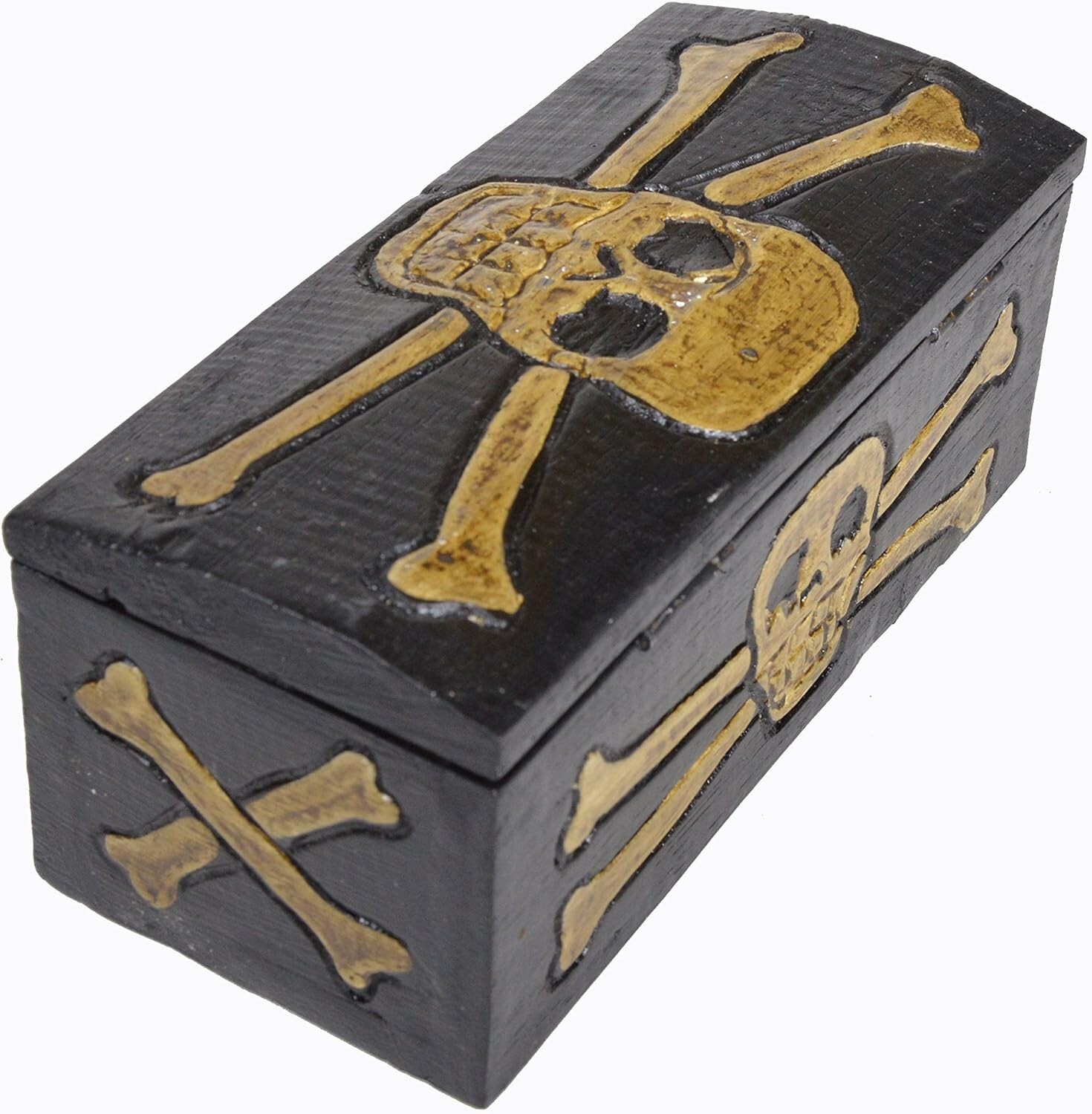 HAND CARVED WOOD SKULL PIRATE CROSS SKELETON TREASURE BOX CHEST