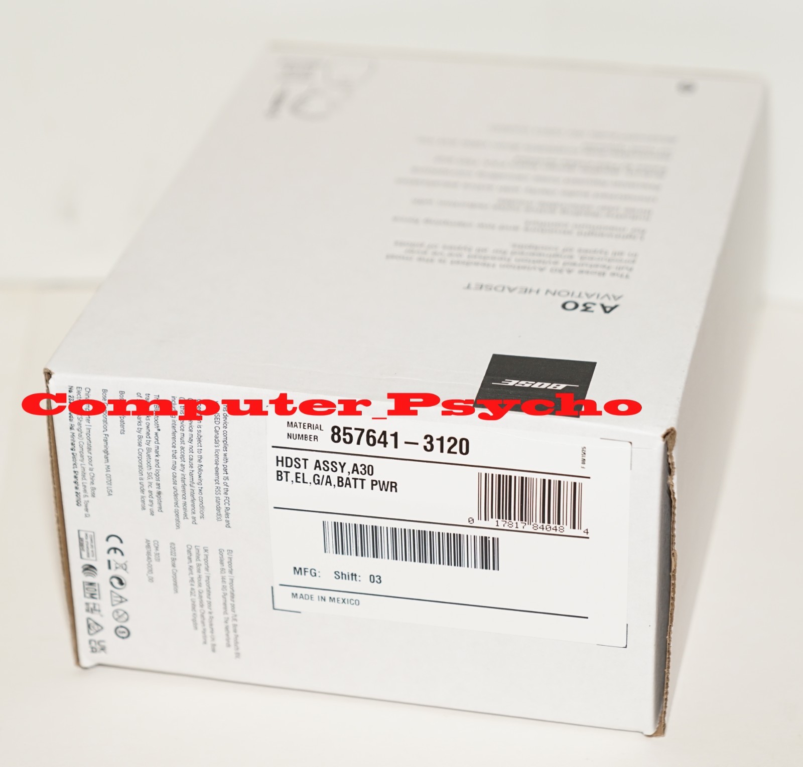 BOSE A30 857641-3120 AVIATION HEADSET BLUETOOTH BATTERY DUAL PLUG STRAIGHT CABLE