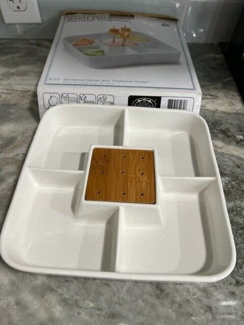 White Essentials Bamboo Collection 8.25" Sectioned Server With Toothpick Holder