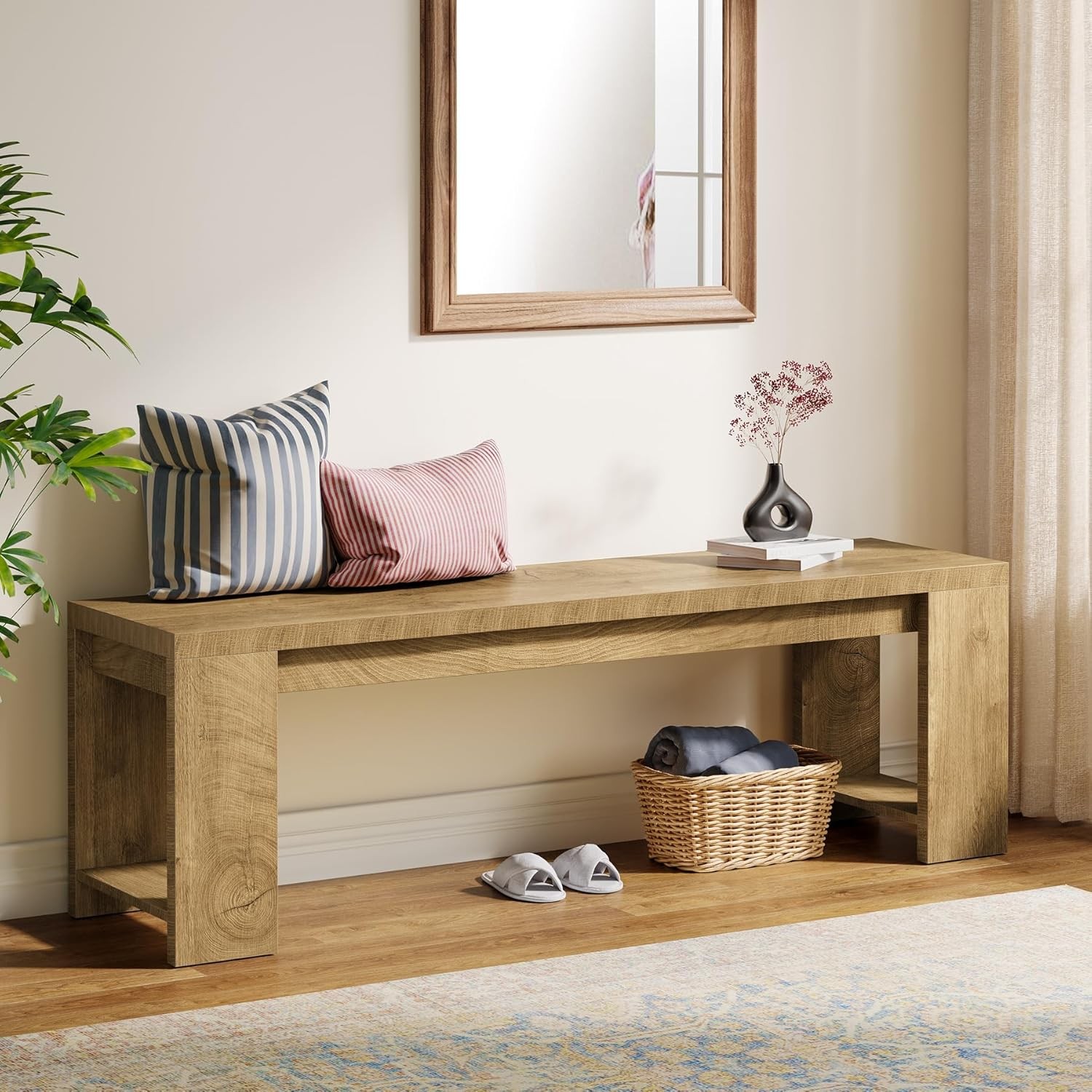 47.2-Inch Wooden Entryway Bench, Modern Farmhouse Shoe Bench for Hallway, Foyer