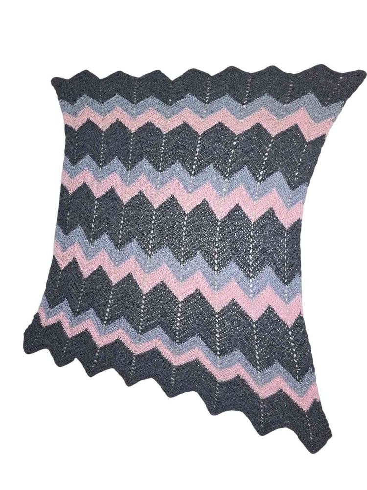 Crocheted Afghan Blanket Chevron Pink Gray Throw 46x50