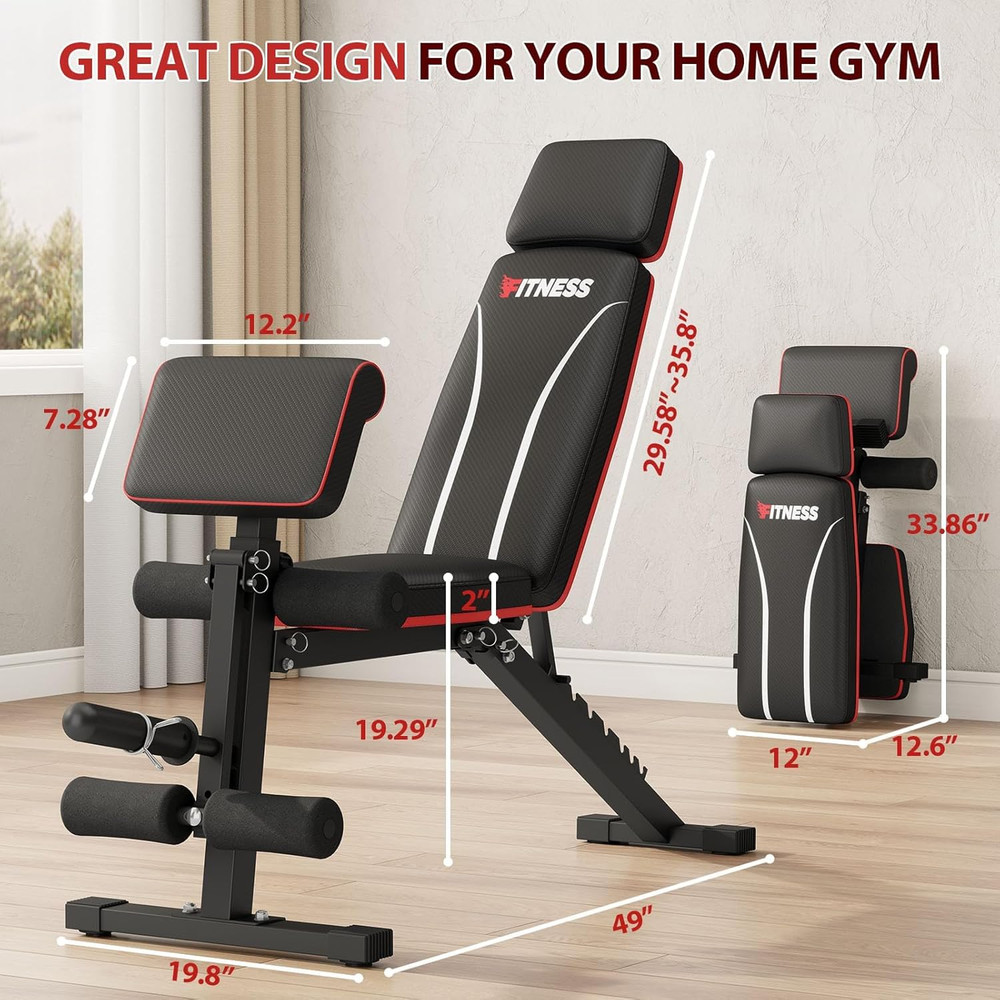 Foldable Weight Bench, Adjustable Workout Bench with Leg Extension, Preacher Pad