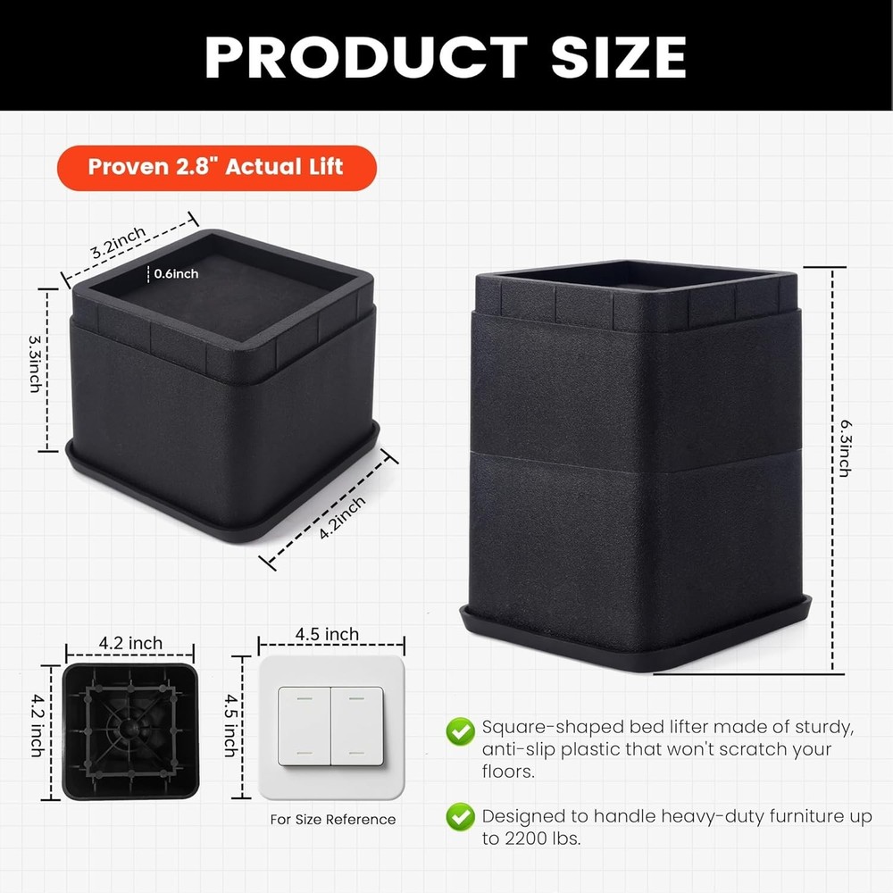Heavy Duty Adjustable Bed Risers 3 or 6 Inch - Elevate & Store with Confidence