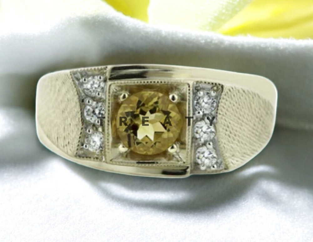 Citrine Round Cut With 14K Solid Yellow Gold Ring For Men's #478