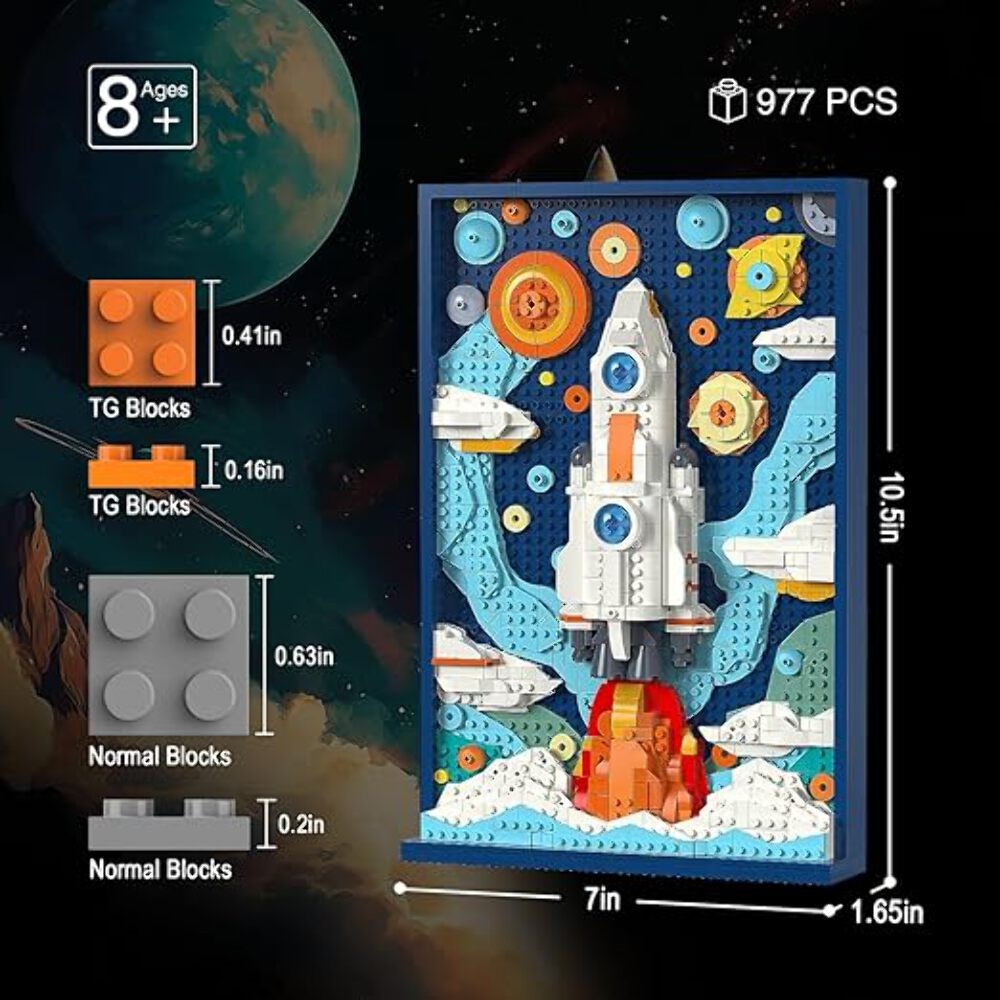Micro Brick Rocket Building Set, DIY Space Rocket Model Craft Kit, 3D Wall Art H
