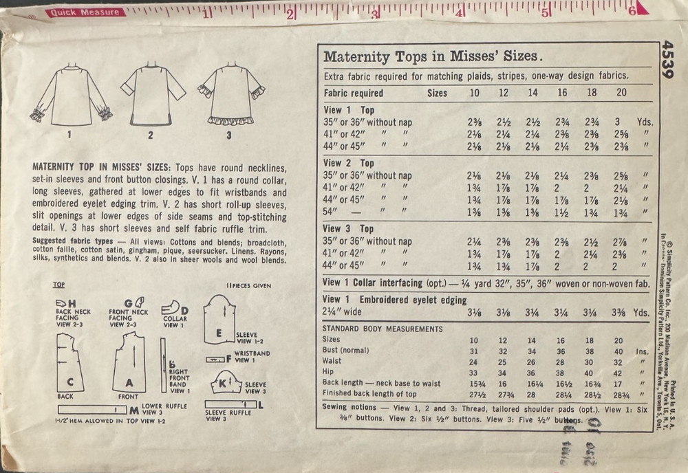 4539 Simplicity 1960s MATERNITY Sewing Pattern Blouse Top Size 10 Bust 31