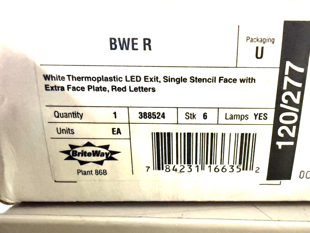 BriteWay BWE R White Thermoplastic LED Exit Sign, Red Letters