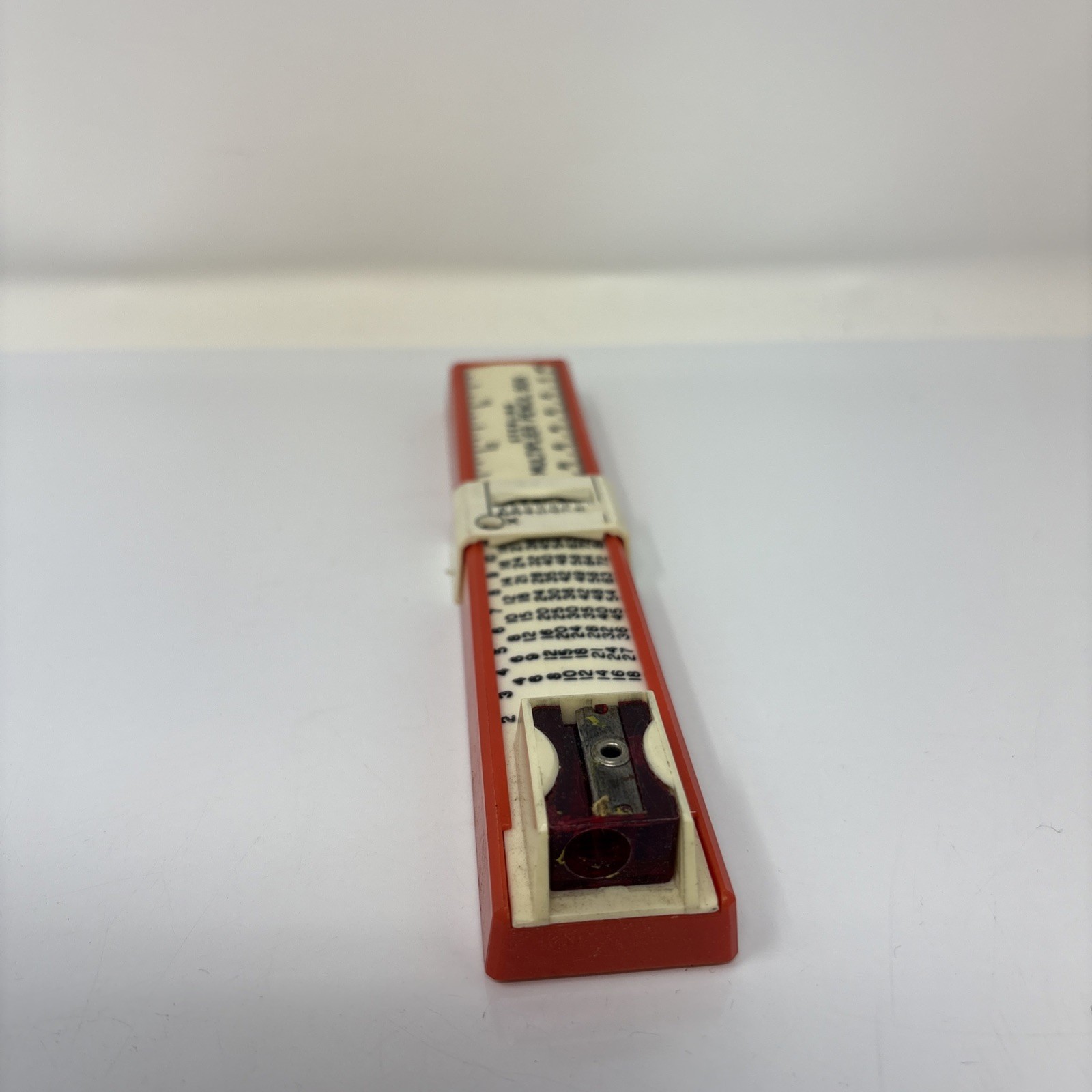 Vintage Sterling Multiplier Pencil Box, Sharpener & Ruler, Red And White 7 5/8"