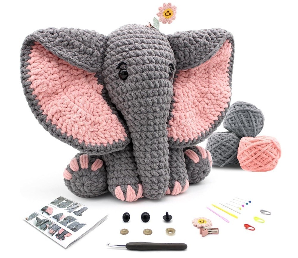 13″ Elephant Amigurumi Crochet Kit – Beginner Yarn Set with Video Tutorials