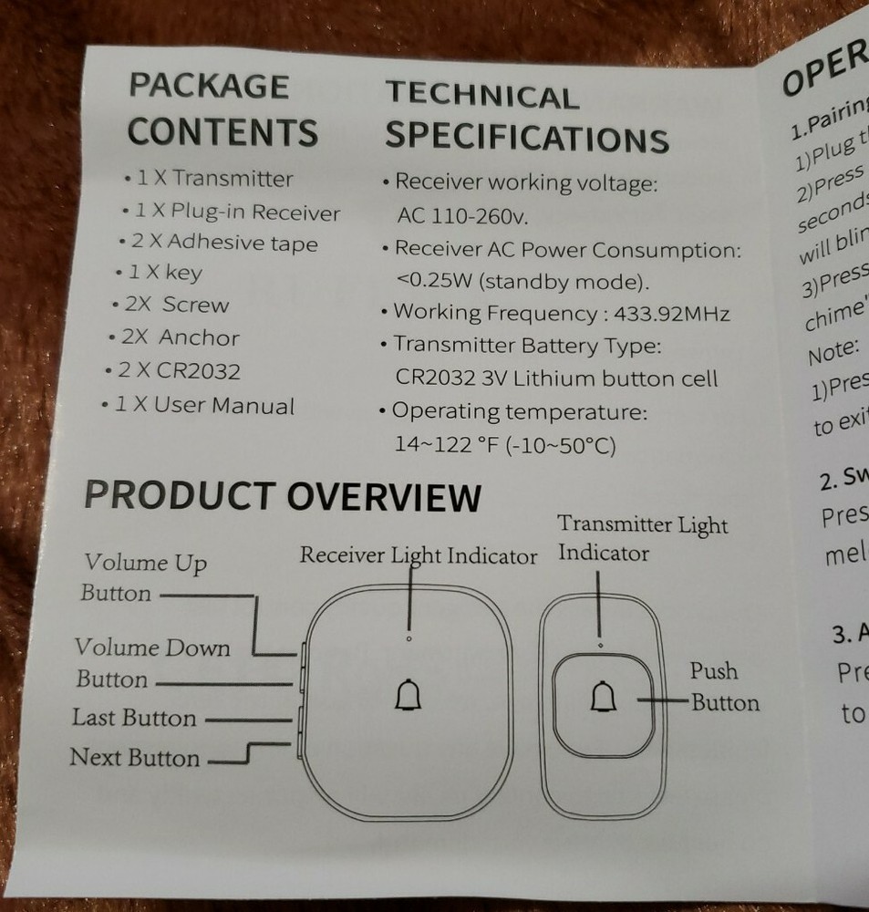 Ruffwell Wireless Doorbell, Black, with receiver.