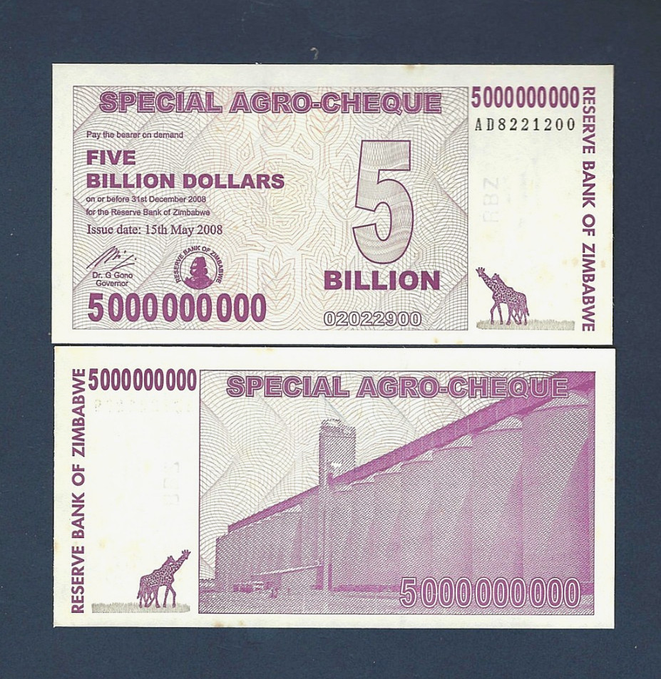 Zimbabwe 5000000000 DOLLARS P-61 2008 5 Billion Agro UNC* Rust Zimbabwean NOTE