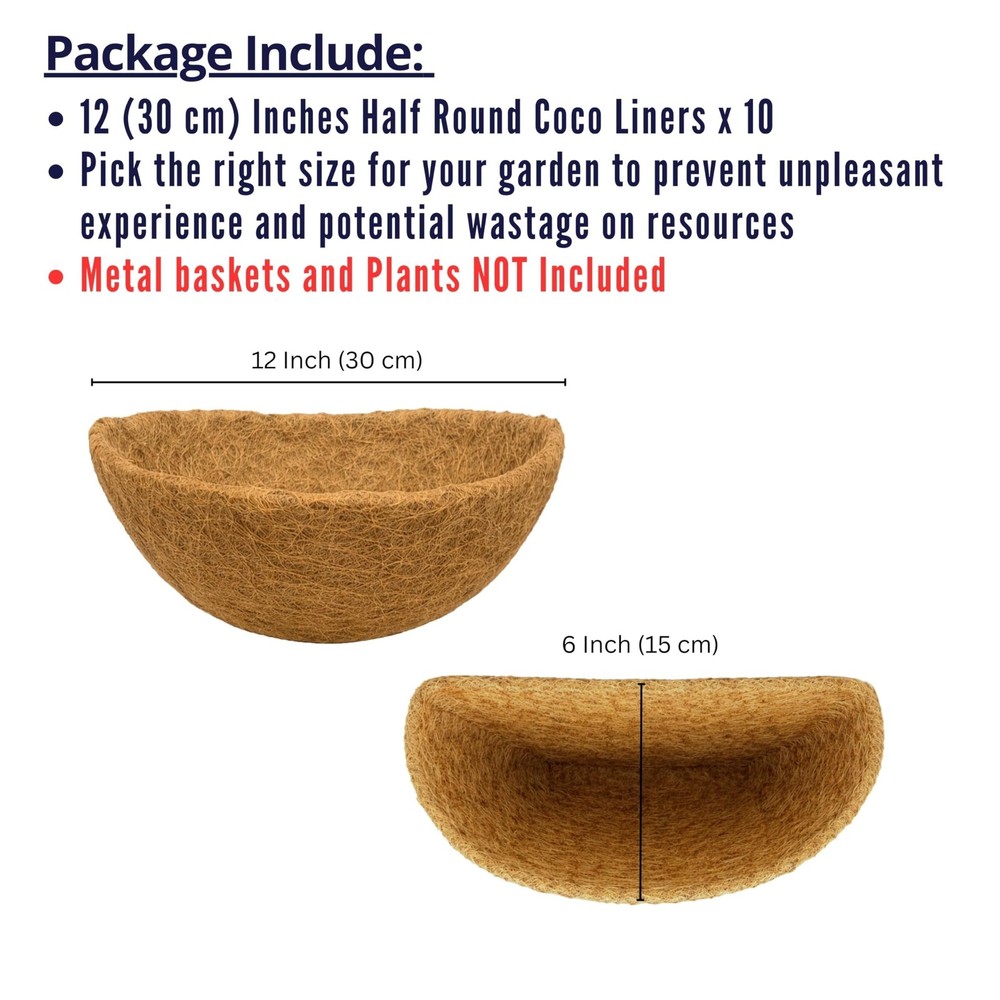 LaLaGreen 12" (10 Pack, Half Round) Coco Liners for Hanging Basket – Bulk