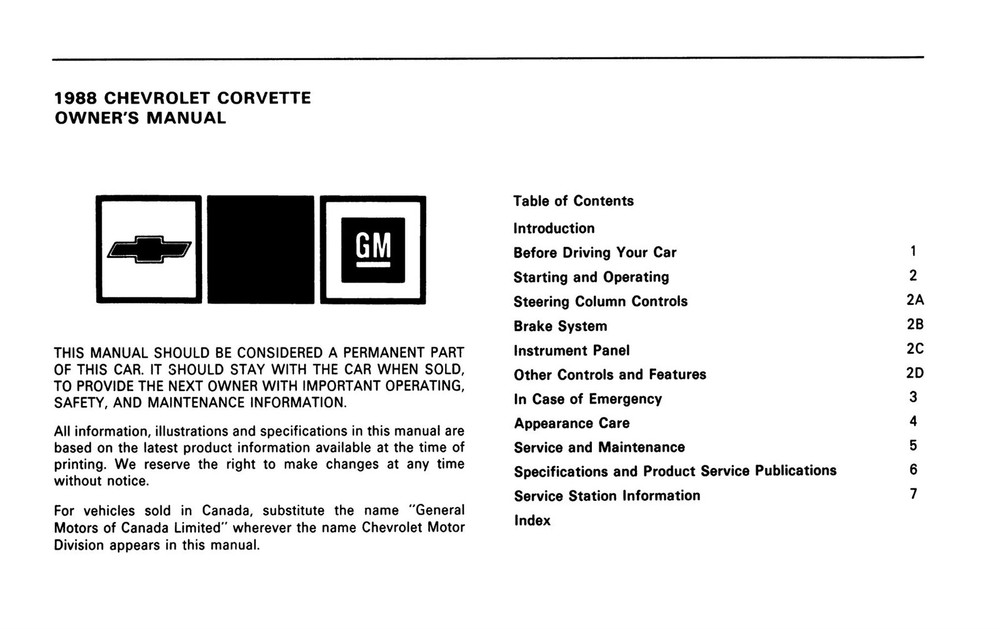 1988 Corvette Owner's Manual