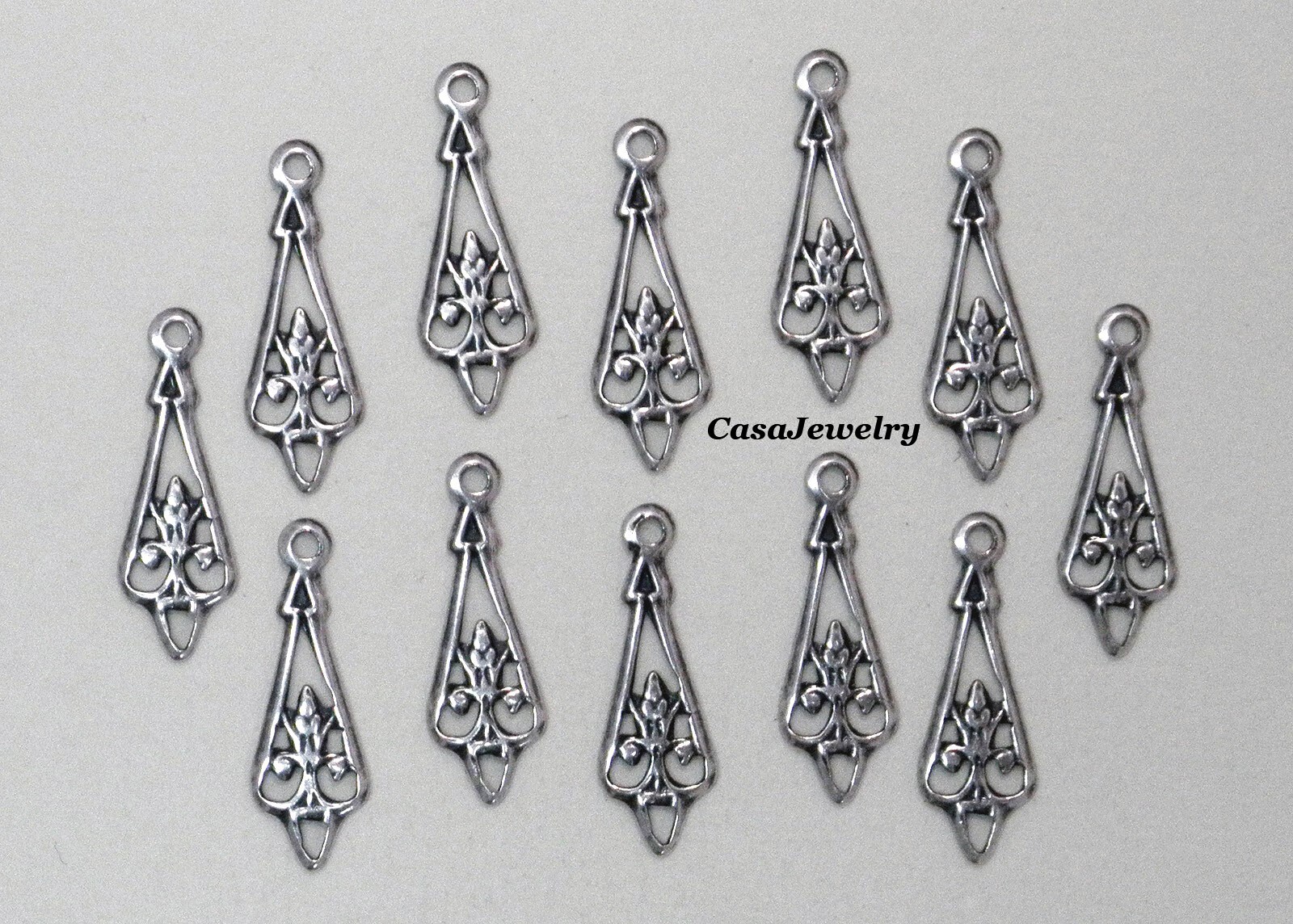 #3415 ANTIQUED .925 STERLING SILVER PLATED FILIGREE TEARDROP W/HANG RING- 12 Pcs