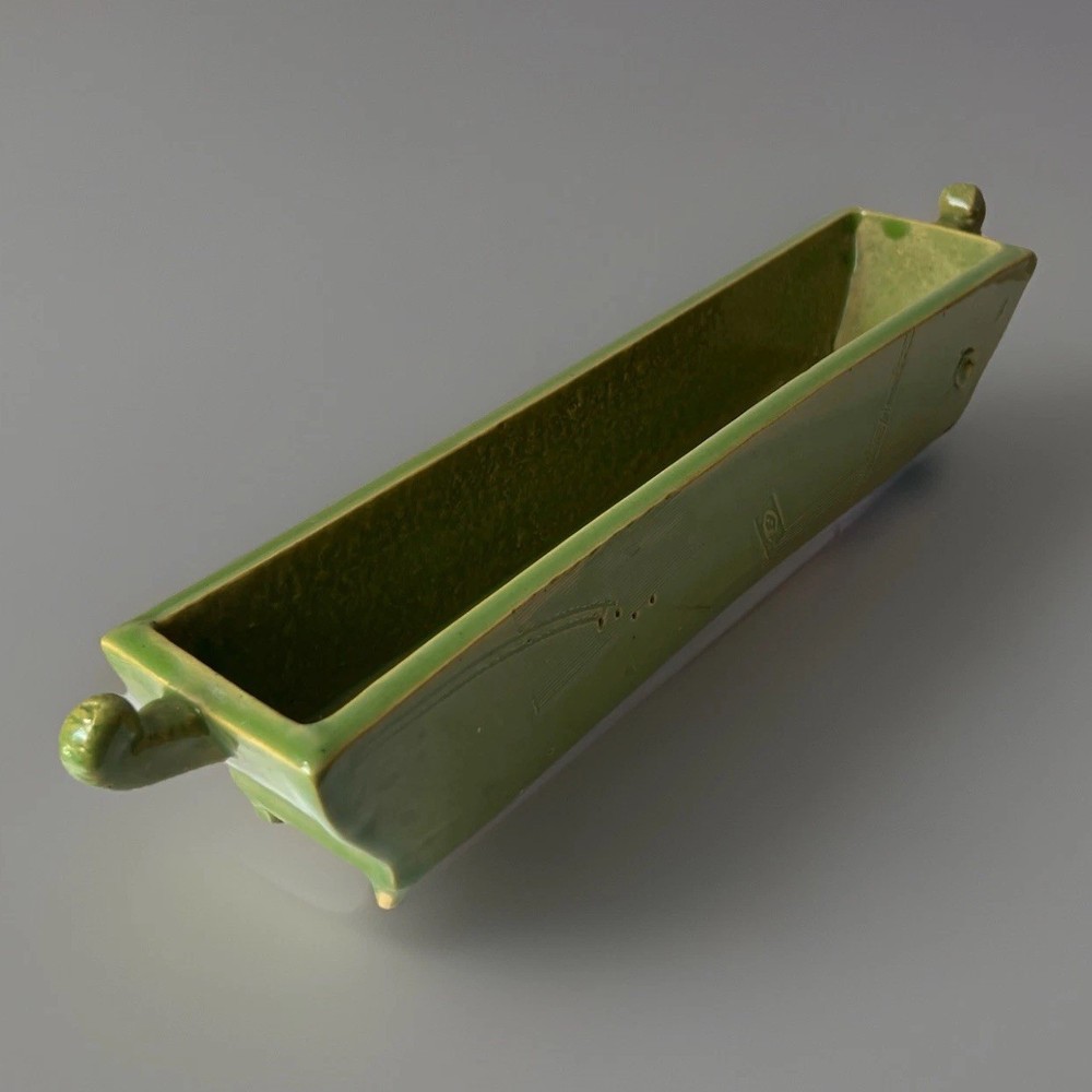 Handmade Studio Pottery Rectangular Dish Green Glazed Ceramic Tray With Handles
